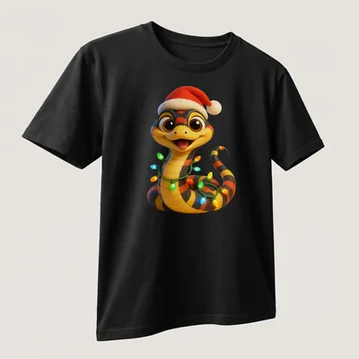 Cartoon snake in a Santa hat with colorful lights, festive holiday design. — printed on a unisex t-shirt (angled view)
