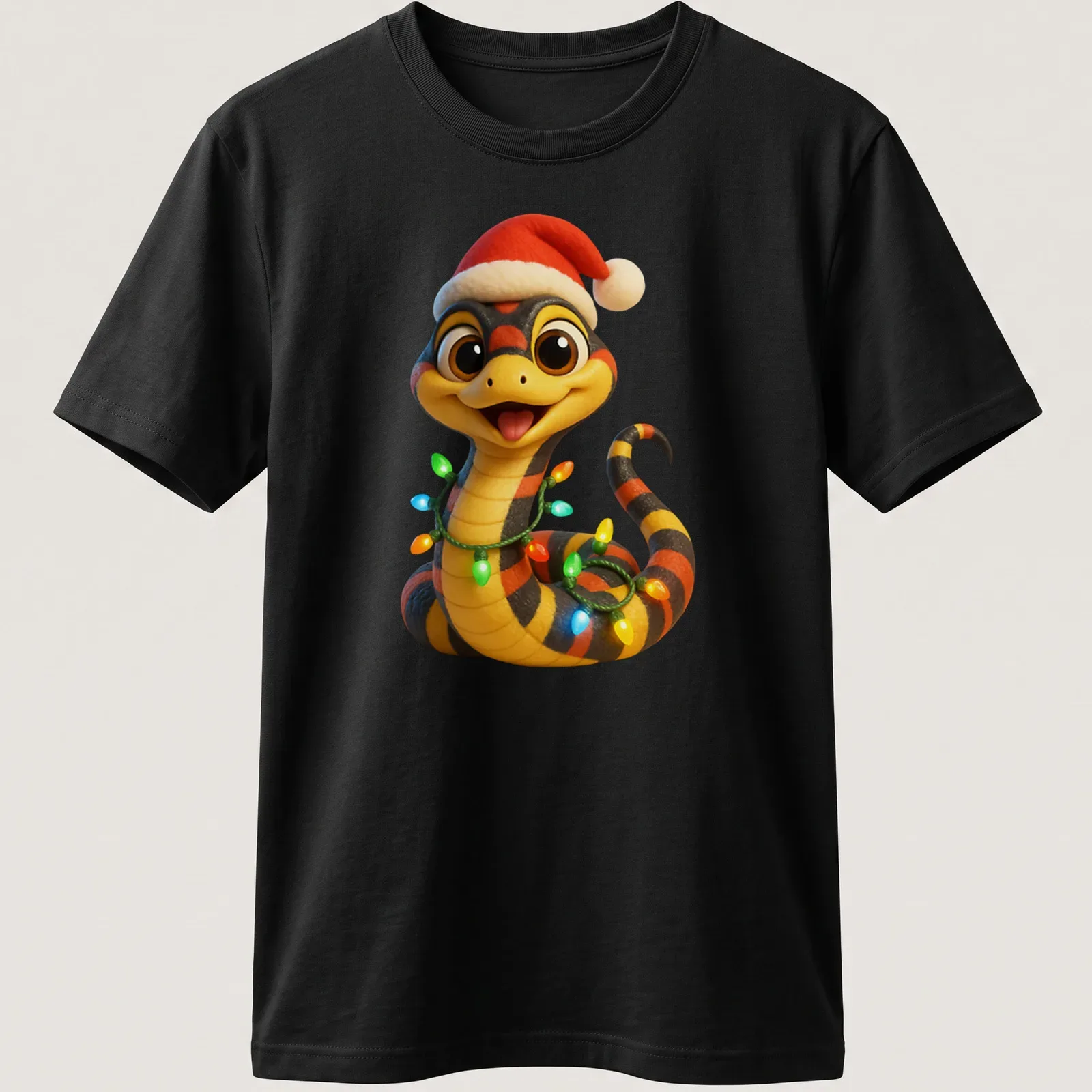 Cartoon snake in a Santa hat with colorful lights, festive holiday design. — printed on a unisex t-shirt
