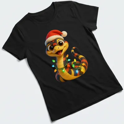 Cartoon snake in a Santa hat with colorful lights, festive holiday design. — printed on a women's shirt
