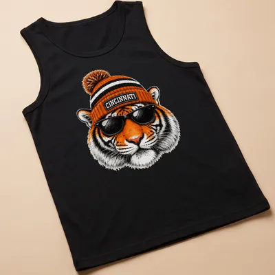 Realistic tiger wearing sunglasses and a beanie with Cincinnati text above. — printed on a tank top