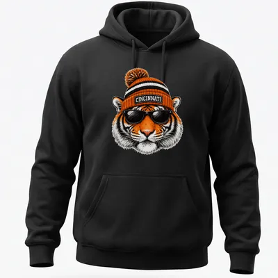 Realistic tiger wearing sunglasses and a beanie with Cincinnati text above. — printed on a unisex hoodie