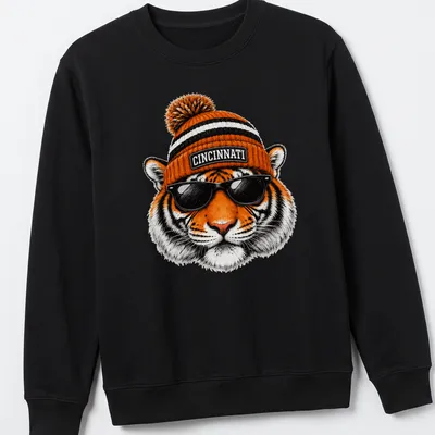 Realistic tiger wearing sunglasses and a beanie with Cincinnati text above. — printed on a unisex sweatshirt