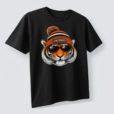 Realistic tiger wearing sunglasses and a beanie with Cincinnati text above. — printed on a unisex t-shirt (angled view)