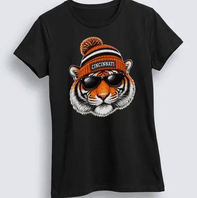 Realistic tiger wearing sunglasses and a beanie with Cincinnati text above. — printed on a women's shirt