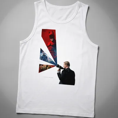 Cinematic collage design featuring characters and scenes in red, black, blue, and white — printed on a tank top
