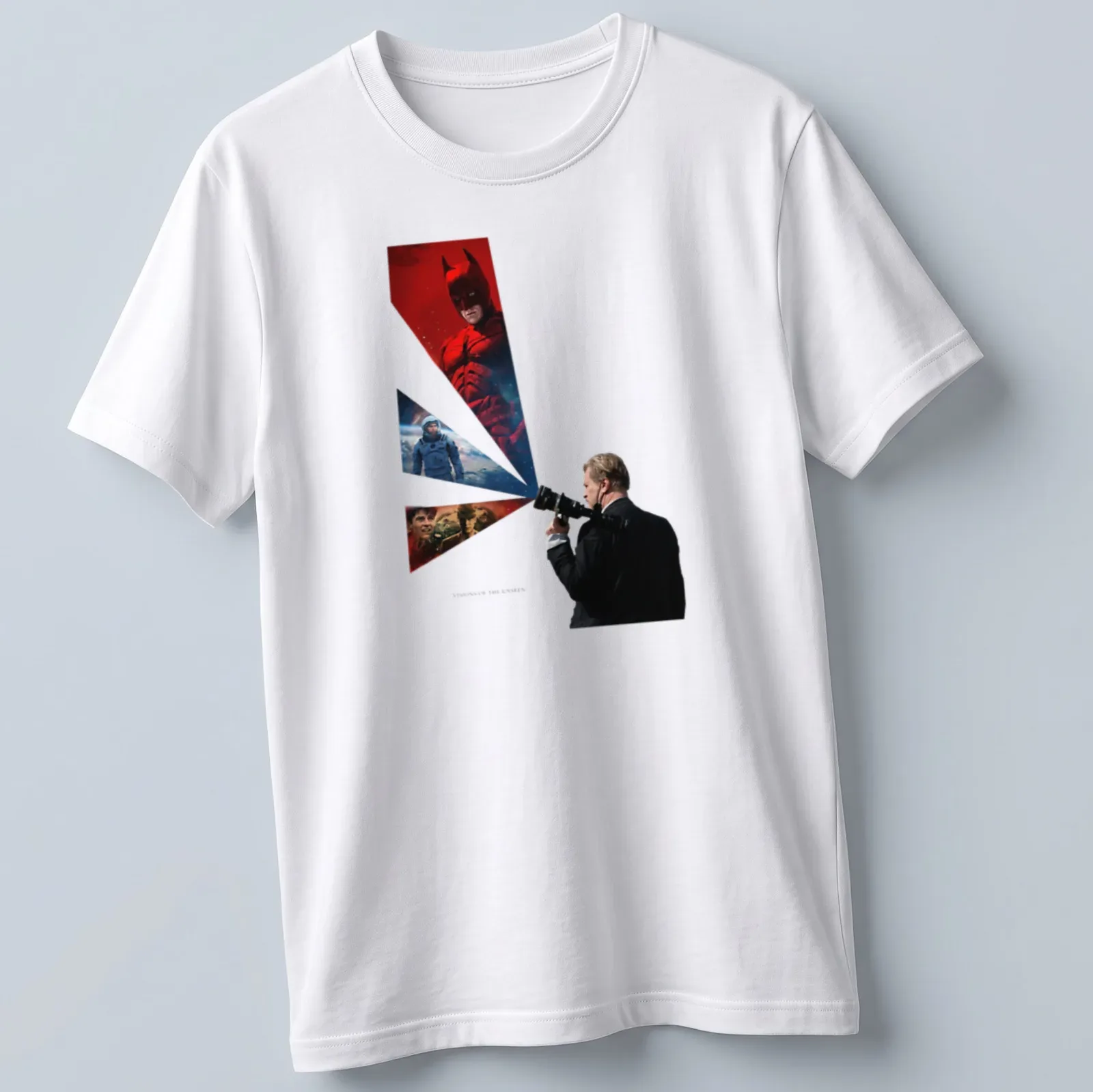 Cinematic collage design featuring characters and scenes in red, black, blue, and white — printed on a unisex t-shirt