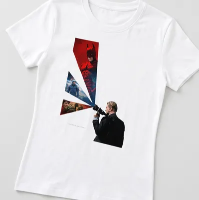 Cinematic collage design featuring characters and scenes in red, black, blue, and white — printed on a women's shirt