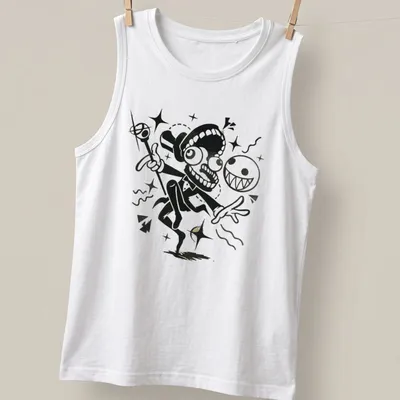 Cartoonish circus performer with grinning ghosts and playful text in black, white, and gold. — printed on a tank top