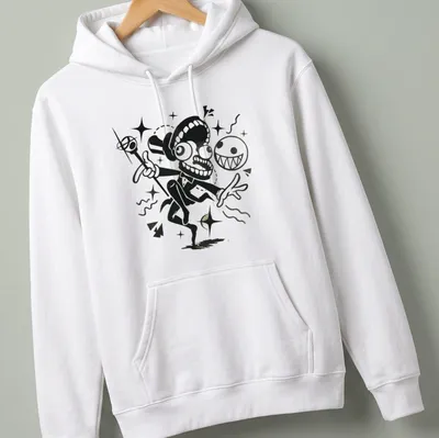 Cartoonish circus performer with grinning ghosts and playful text in black, white, and gold. — printed on a unisex hoodie