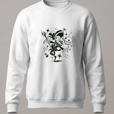 Cartoonish circus performer with grinning ghosts and playful text in black, white, and gold. — printed on a unisex sweatshirt
