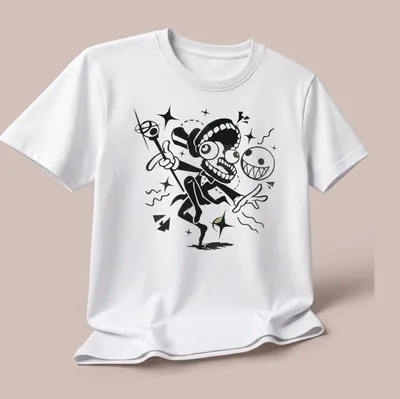 Cartoonish circus performer with grinning ghosts and playful text in black, white, and gold. — printed on a unisex t-shirt (angled view)