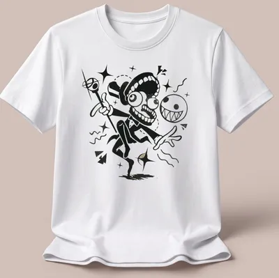 Cartoonish circus performer with grinning ghosts and playful text in black, white, and gold.