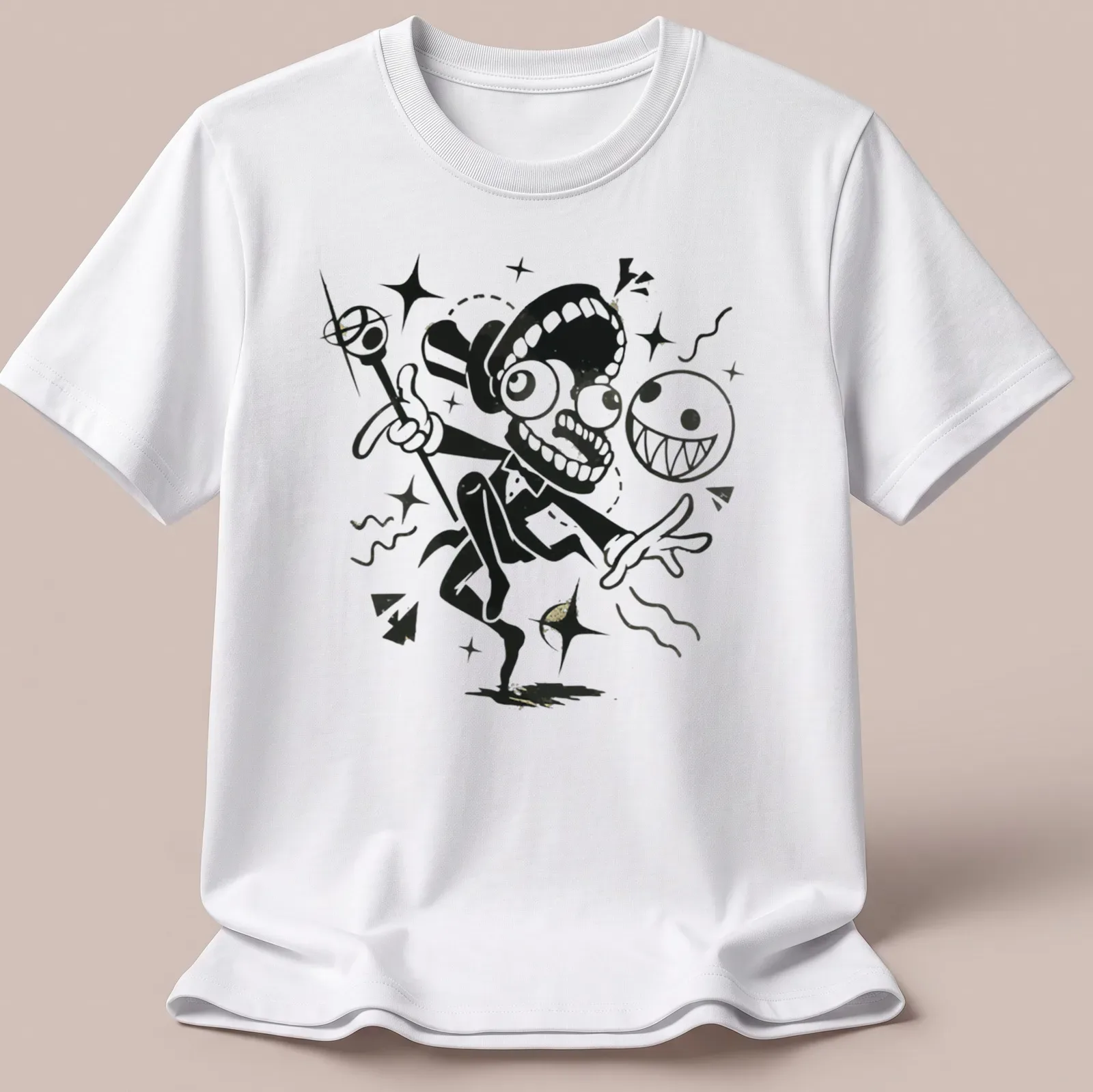 Cartoonish circus performer with grinning ghosts and playful text in black, white, and gold. — printed on a unisex t-shirt