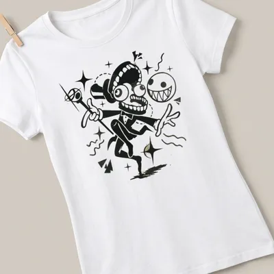 Cartoonish circus performer with grinning ghosts and playful text in black, white, and gold. — printed on a women's shirt