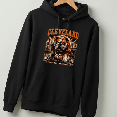 Vintage distressed Cleveland Dawg Pound t-shirt with bulldog and team name — printed on a unisex hoodie