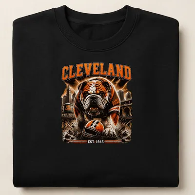 Vintage distressed Cleveland Dawg Pound t-shirt with bulldog and team name — printed on a unisex sweatshirt