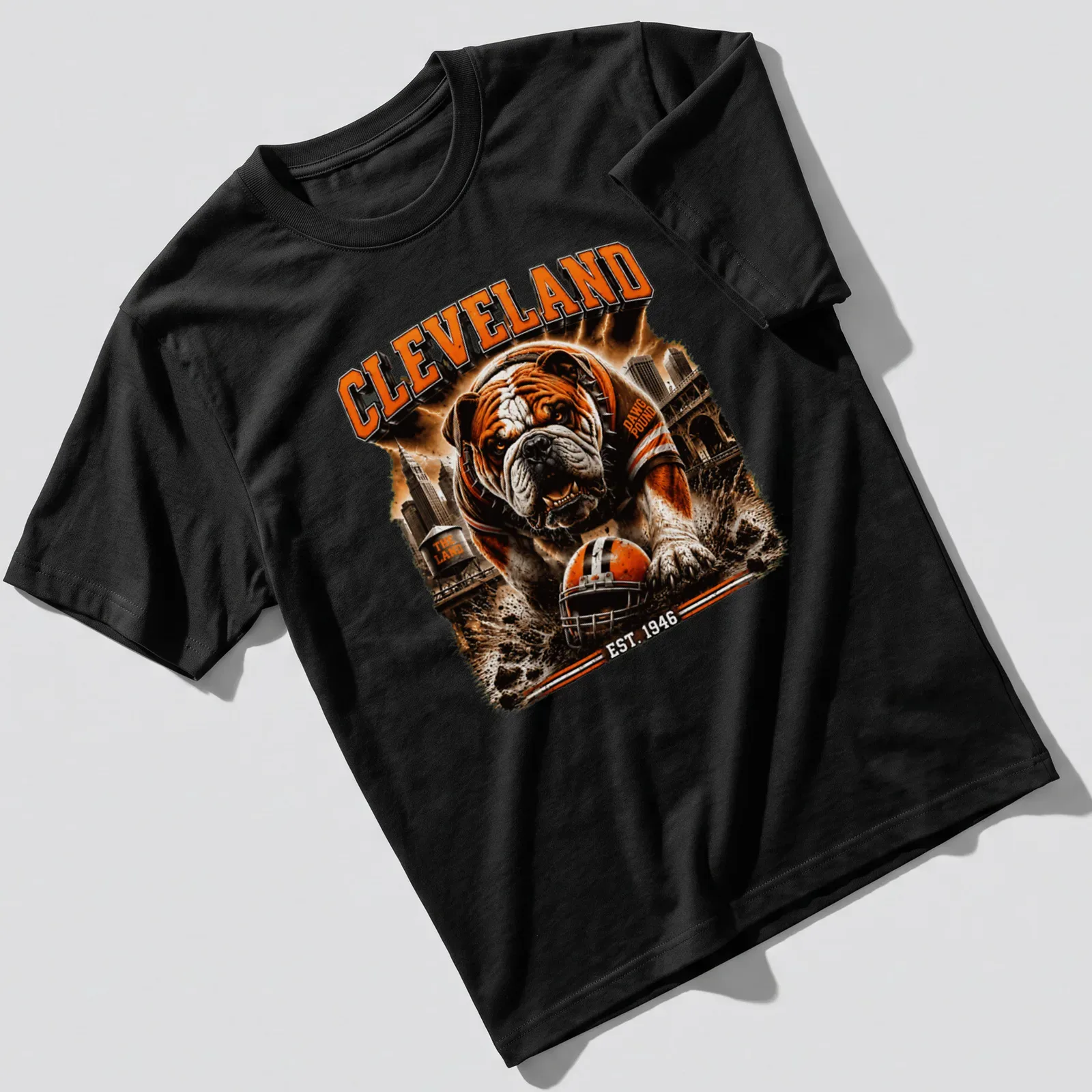 Vintage distressed Cleveland Dawg Pound t-shirt with bulldog and team name — printed on a unisex t-shirt