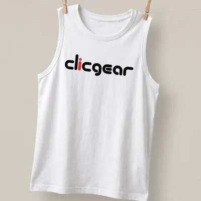 Modern Clicgear brand logo in bold typography on black and red background — printed on a tank top