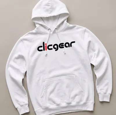 Modern Clicgear brand logo in bold typography on black and red background — printed on a unisex hoodie