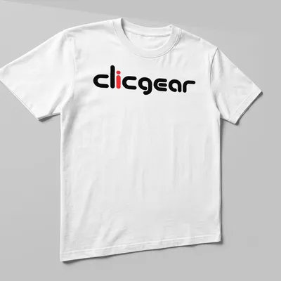 Modern Clicgear brand logo in bold typography on black and red background — printed on a unisex t-shirt (angled view)