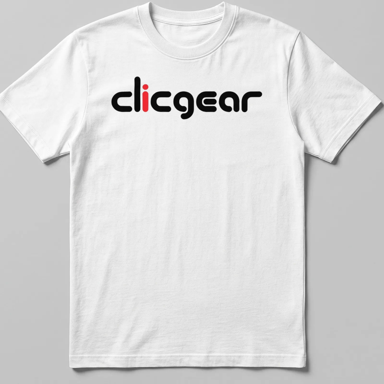Modern Clicgear brand logo in bold typography on black and red background — printed on a unisex t-shirt