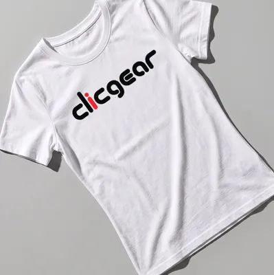 Modern Clicgear brand logo in bold typography on black and red background — printed on a women's shirt