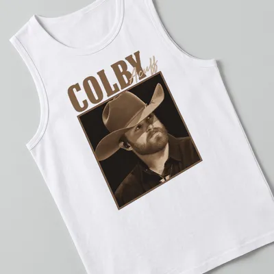 Sepia tone Colby Acuff t-shirt featuring an illustration of him in a cowboy hat — printed on a tank top