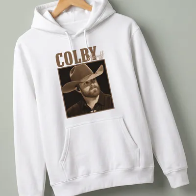 Sepia tone Colby Acuff t-shirt featuring an illustration of him in a cowboy hat — printed on a unisex hoodie