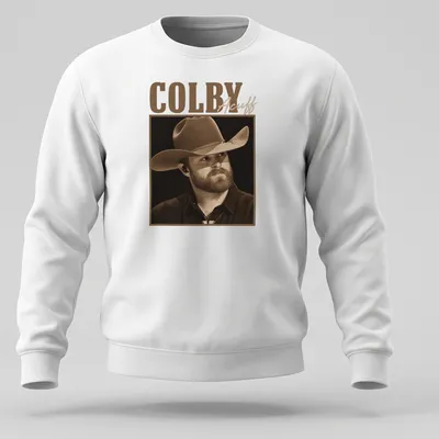 Sepia tone Colby Acuff t-shirt featuring an illustration of him in a cowboy hat — printed on a unisex sweatshirt