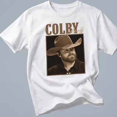 Sepia tone Colby Acuff t-shirt featuring an illustration of him in a cowboy hat