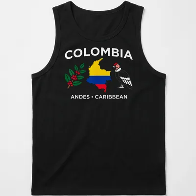 Illustration of a Colombia map with a coffee branch and Andean condor — printed on a tank top