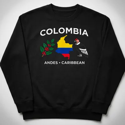Illustration of a Colombia map with a coffee branch and Andean condor — printed on a unisex sweatshirt