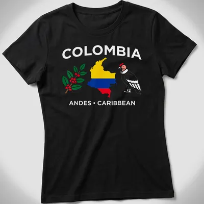 Illustration of a Colombia map with a coffee branch and Andean condor — printed on a women's shirt
