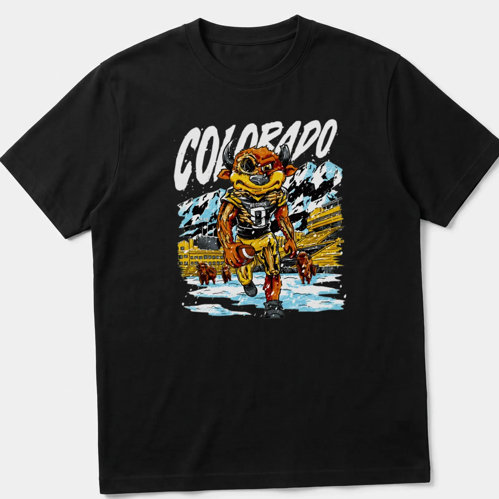 Vintage sports Colorado Bull mascot t-shirt featuring WE COMIN text — printed on a unisex t-shirt