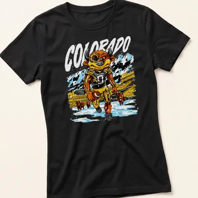 Vintage sports Colorado Bull mascot t-shirt featuring WE COMIN text — printed on a women's shirt