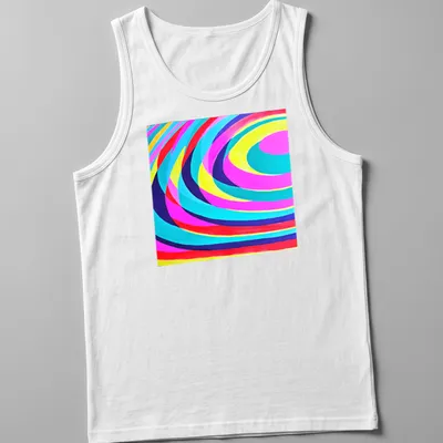 Colorful, geometric abstract spiral waves with the text 'REFLECTED LIGHTS N.2'. — printed on a tank top