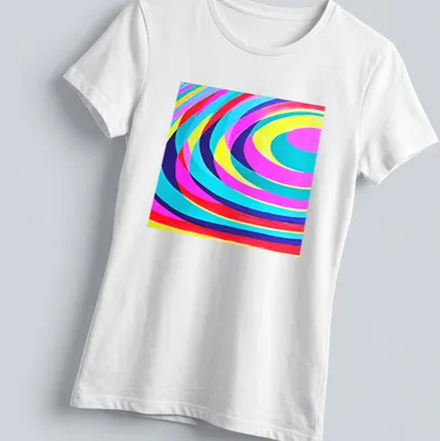Colorful, geometric abstract spiral waves with the text 'REFLECTED LIGHTS N.2'. — printed on a women's shirt