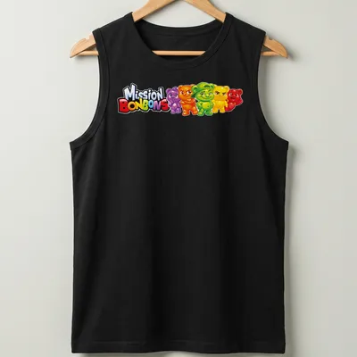 Cartoon Jujube bear characters with Mission Bonbons text in bright colors — printed on a tank top