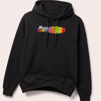 Cartoon Jujube bear characters with Mission Bonbons text in bright colors — printed on a unisex hoodie
