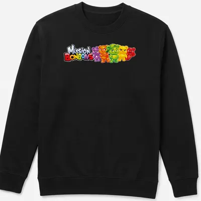 Cartoon Jujube bear characters with Mission Bonbons text in bright colors — printed on a unisex sweatshirt