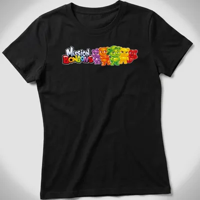 Cartoon Jujube bear characters with Mission Bonbons text in bright colors — printed on a women's shirt