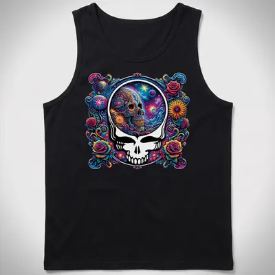 Psychedelic colorful skull art with roses and cosmic background — printed on a tank top