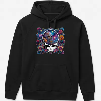 Psychedelic colorful skull art with roses and cosmic background — printed on a unisex hoodie