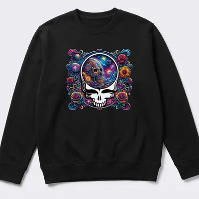 Psychedelic colorful skull art with roses and cosmic background — printed on a unisex sweatshirt
