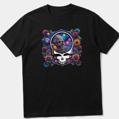 Psychedelic colorful skull art with roses and cosmic background
