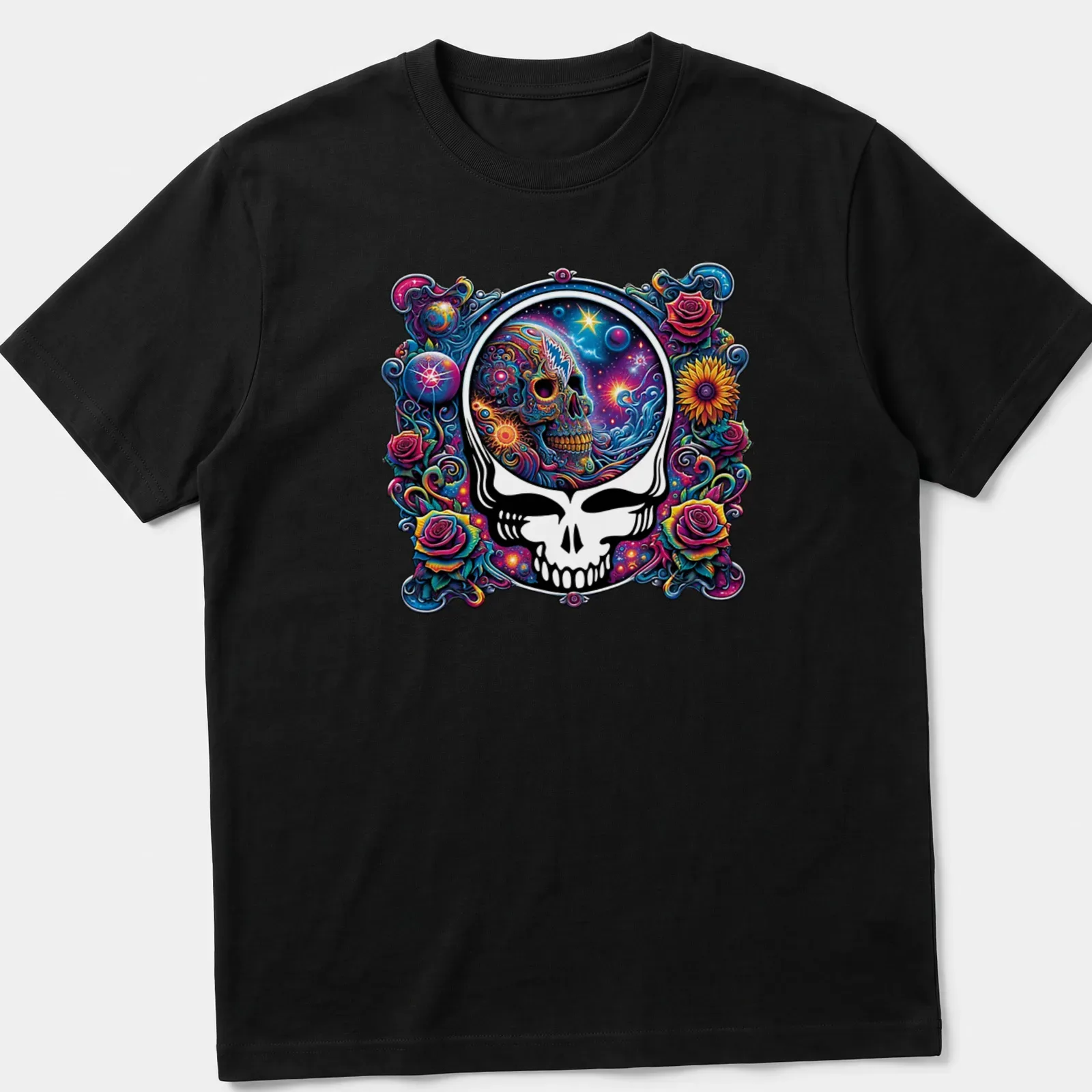 Psychedelic colorful skull art with roses and cosmic background — printed on a unisex t-shirt