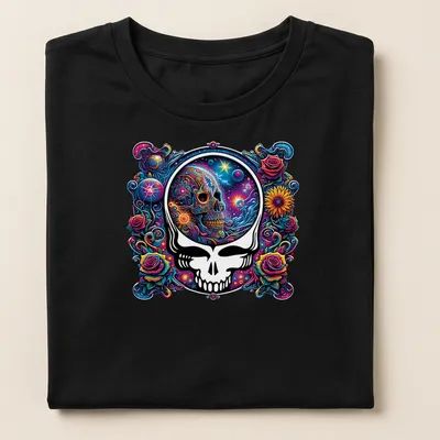 Psychedelic colorful skull art with roses and cosmic background — printed on a women's shirt