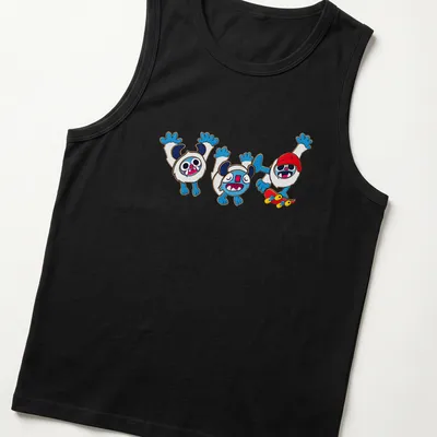 Kawaii cartoon yetis skating with colorful text reading Radical Yetis — printed on a tank top