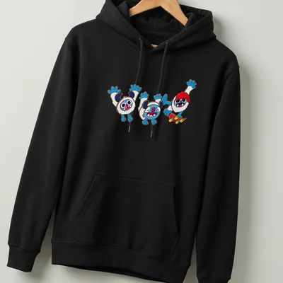 Kawaii cartoon yetis skating with colorful text reading Radical Yetis — printed on a unisex hoodie