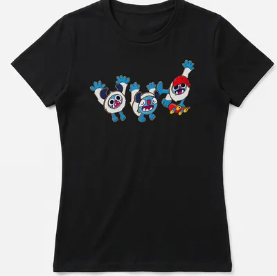 Kawaii cartoon yetis skating with colorful text reading Radical Yetis — printed on a women's shirt